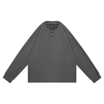 古巴领提花长袖T恤男士