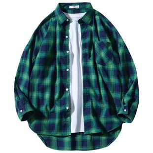 春秋日系复古绿色格子长袖衬衫宽松休闲外套男女韩版宽松百搭衬衣