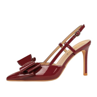 欧美风高跟鞋女性感细跟漆皮蝴蝶结一字带后空凉鞋尖头浅口单鞋