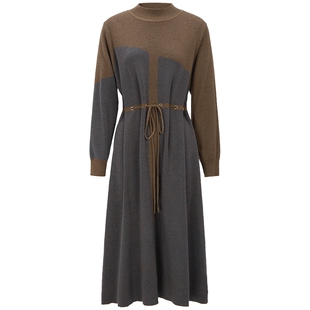 马天奴女装春秋新款卡其色针织连衣裙长袖收腰长裙气质裙子时尚