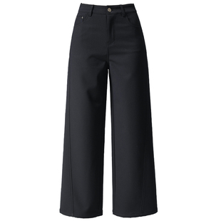 藏青色高腰加绒阔腿裤女秋冬新款宽松显瘦加厚裤子休闲拖地直筒裤