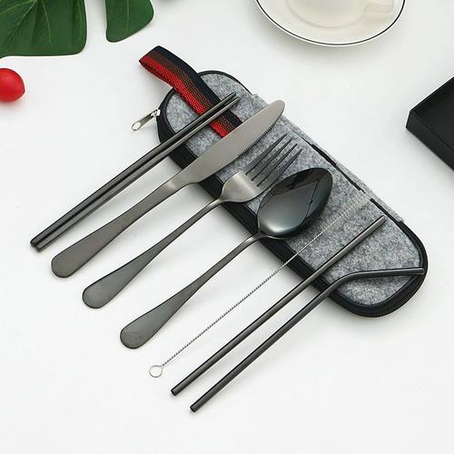 亚马逊跨境不锈钢便捷餐具7勺刀叉吸管套装筷子件套旅游1010户外