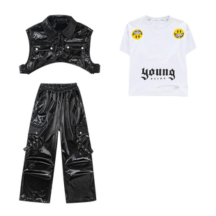 街舞儿童演出服男童嘻哈黑色皮裤朋克机车皮衣亮面马甲坎肩架子鼓