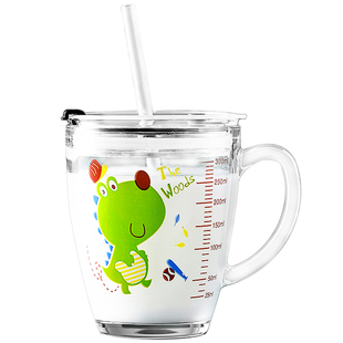 防摔吸管杯儿童玻璃水杯家用杯子刻度牛奶杯量杯冲奶粉专用杯喝水