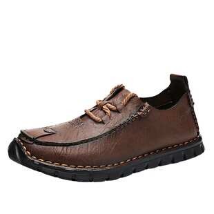 手工缝线皮鞋男真皮软底英伦透气系带休闲男鞋软皮韩版百搭懒人鞋