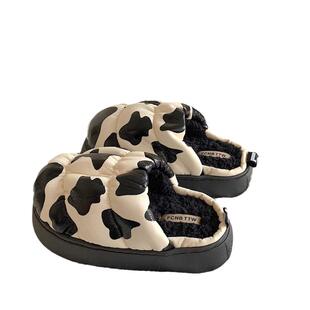 厚底奶牛棉拖鞋女2025秋冬新款ins皮面防水居家包头保暖毛毛拖鞋a