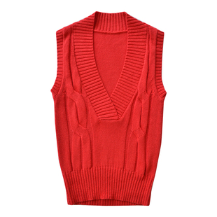 因由 V领无袖休闲上衣女纯色时尚穿搭法则绞花袖针织叠穿背心马甲