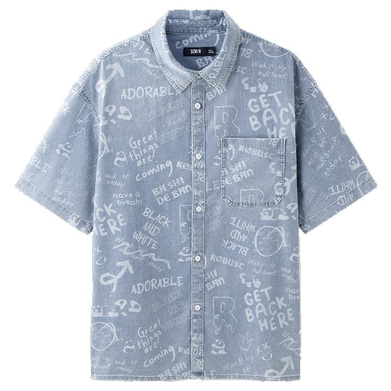 森柔牛仔|森马短袖衬衫男复古水洗牛仔外套宽松夏季上衣时尚潮流