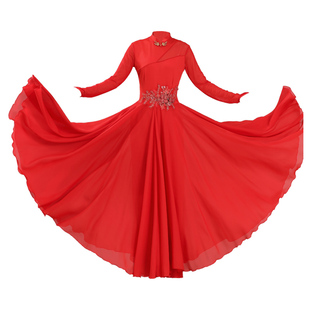 现代舞演出服连衣裙女飘逸红色旗袍领长袖大摆裙国风古典舞表演服