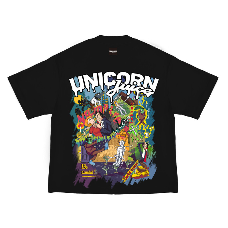 JuiceUnicorn 重磅纯棉短袖男女2025夏落肩美式复古怪物海报美式T