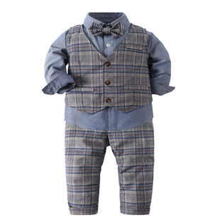 宝宝周岁西装韩版童装儿童长袖领结灰色西服三件套装男童绅士礼服