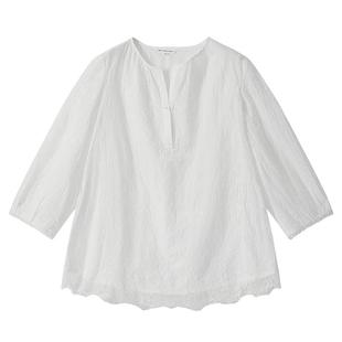 23区日系春季通勤宽松棉绣花V领套头七分袖衬衣蕾丝衬衫商场同款