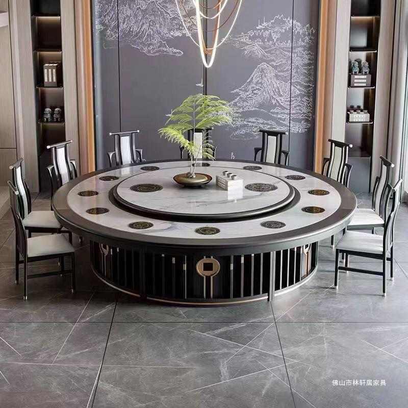 轻奢岩板圆桌电动一体电磁炉岩板餐桌15人20人酒店商用全自动圆桌