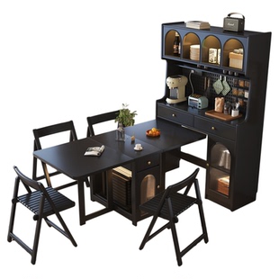 全实木餐边柜餐桌一体靠墙储物柜餐桌椅组合可移动折叠饭桌餐桌