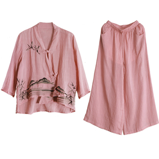 兮风品牌原创复古文艺柔美苎麻套装女 民族风衬衣+绣花阔腿裤春夏