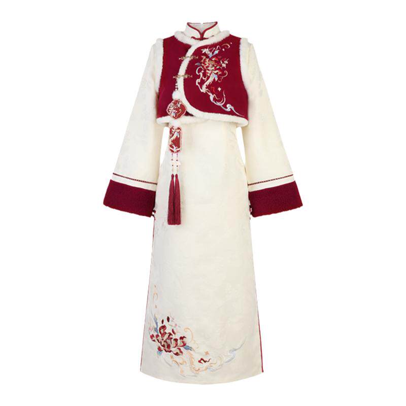 旗袍女新秋冬国风红色马甲伴娘服小个子日常拜年服新中式新年战袍