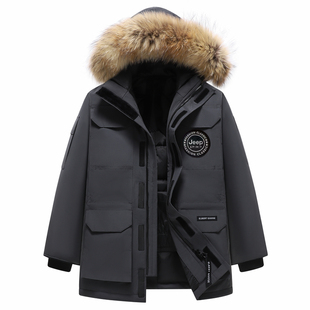 JEEP吉普毛领羽绒服男女冬季中长款加厚保暖90%白鸭绒工装派克服