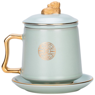 汝窑办公杯茶杯套装茶水分离大号家用高档描金陶瓷会议杯复古礼品