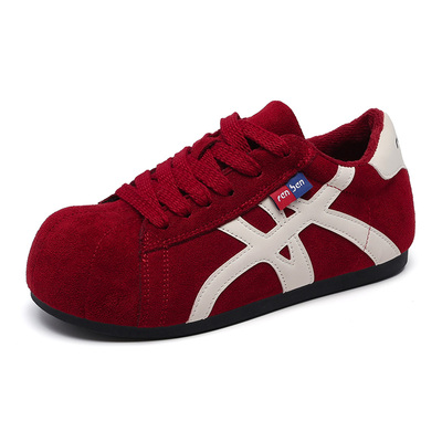 人本红色德训鞋女设计感加绒棉鞋