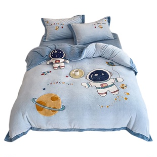 秋冬加厚床单被套儿童卡通三件套小男孩牛奶绒四件套1.5床笠蓝色