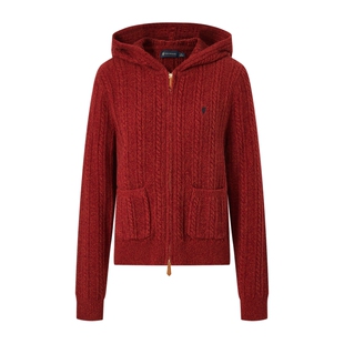 【100%绵羊毛】POLOWALK女士羊毛衫2026春季新款红色连帽拉链毛衣