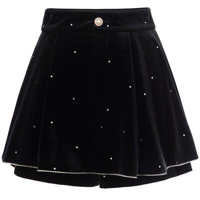 黑色丝绒烫钻高腰裤裙