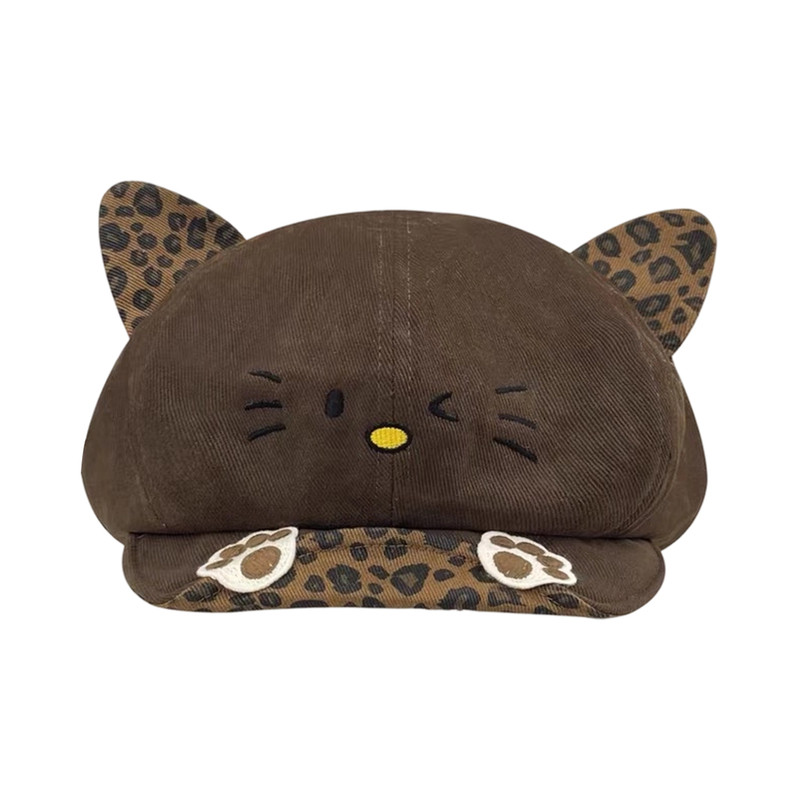 可爱猫咪豹纹复古八角贝雷帽