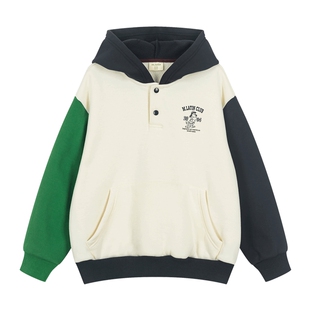 马拉丁童装儿童卫衣冬新款男大童美式复古印花撞色加绒连帽卫衣