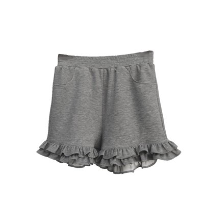 SERY灰色荷叶边收腰棉短裤Shorts