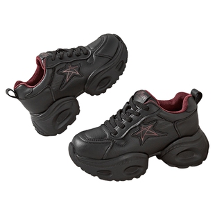 戈美其加绒厚底增高黑色老爹鞋女轻便舒适小个子显脚小保暖休闲鞋