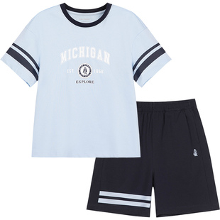 暇步士童装男童套装夏新品大童复古美式短袖T儿童运动透气短裤