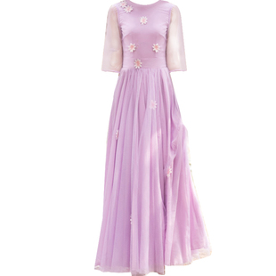 莎点新款手工立体绣花长裙女 一字领修身大摆连衣裙淑女公主纱裙