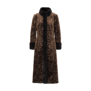 马天奴女装秋冬新款印花立领大衣长款收腰外套轻奢环保仿皮草时尚