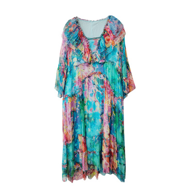 拜占庭的森林桑蚕丝连衣裙女大码胖mm宽松显瘦时尚气质碎花沙滩裙