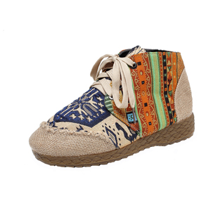 春秋新款短靴老北京布鞋民族风女鞋高帮坡跟亚麻手工复古休闲女鞋