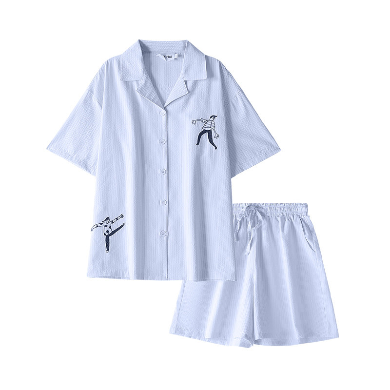 OCE蓝色条纹家居服女简约可爱短袖短裤翻领开衫宽松睡衣套装外穿
