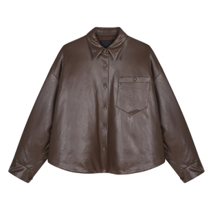 JNBY/江南布衣秋冬衬衫式PU皮复古简约休闲羽绒服女5OAC12790