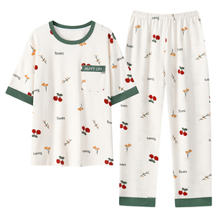 短袖睡衣套装夏季女士自带胸垫一体长裤薄款大码夏天韩版学生休闲