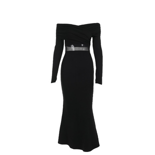 法式气质一字肩性感微透长袖连衣裙秋季新款网纱拼接显瘦包臀裙子