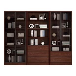 三梦实木组合书柜一体家用客厅靠墙展示柜美式置物架防尘带玻璃门