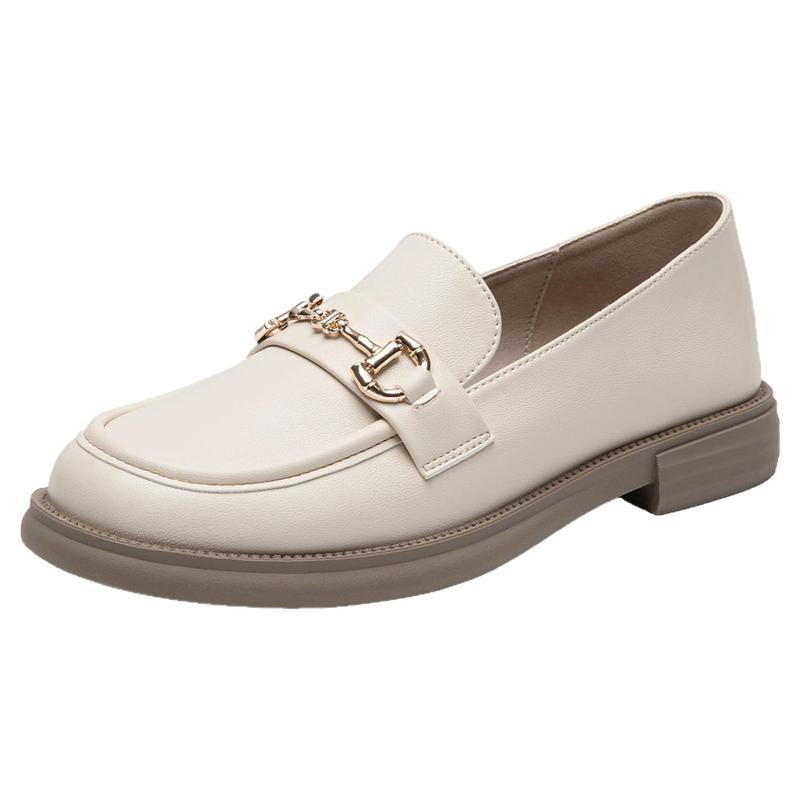 大东白色乐福鞋女2025新款冬季配裙子学院风粗跟小皮鞋一脚蹬单鞋