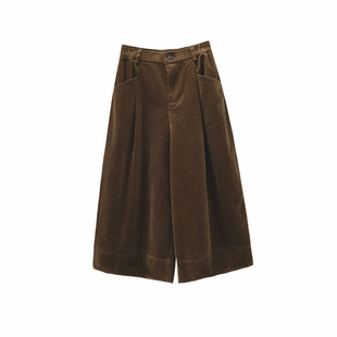 秋冬九分阔腿裤大脚直筒裤子宽松高腰拼接灯芯绒条绒女简约厚加绒