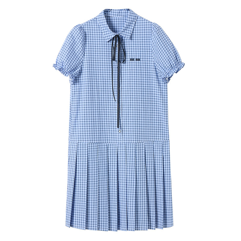 初中生少女全棉学院风蓝格连衣裙