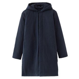 原创中国风亚麻男士棉袍大衣中长款冬季加厚棉衣宽松保暖连帽棉袄