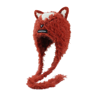 重工推荐!手工钩织小狐狸毛毛护耳帽系绳可爱保暖雷锋帽针织帽子