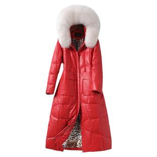 真皮衣女中长款大红气质连帽狐狸毛领新款绵羊皮外套皮羽绒服