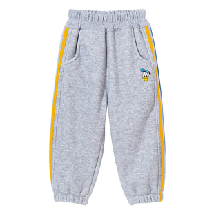 迪士尼童装男童加绒裤子唐老鸭侧条纹秋冬季新款加厚束脚裤