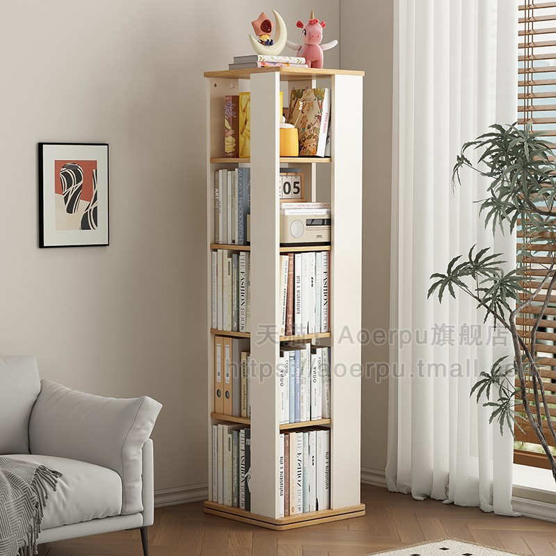 实木旋转书柜360度落地家用卧室小型绘本收纳置物架儿童简单书架