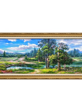 纯手绘新中式青山流水油画