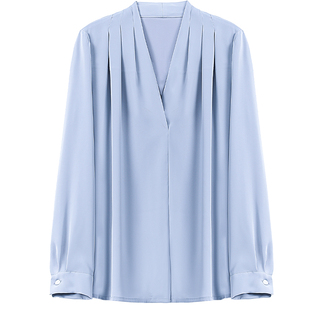 图曼朵蓝色v领衬衫女春季长袖职业轻职场精致通勤ol面试女士衬衣